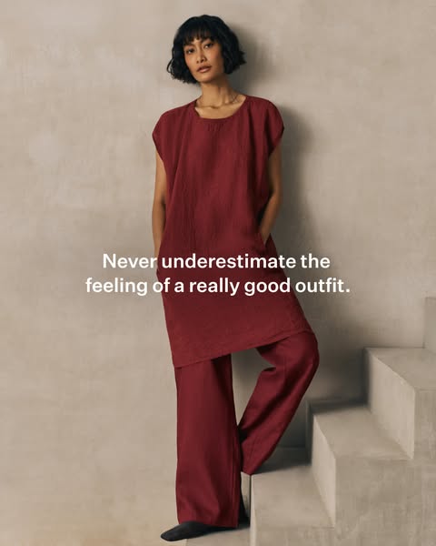This ad features a model wearing a matching top and pants outfit. The ad highlights the feeling of wearing a really good