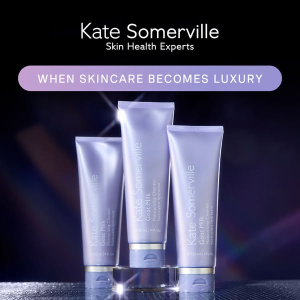 This ad showcases Kate Somerville's Goat Milk Moisturizing Cleanser, positioning it as a luxurious skincare product.