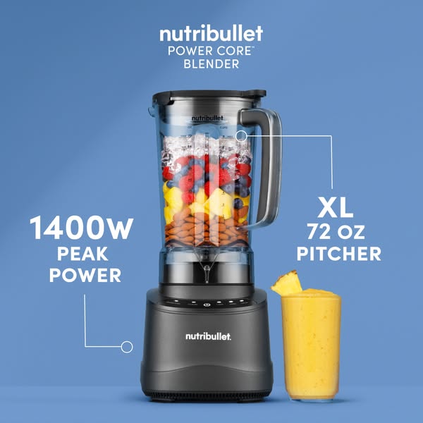 This image ad for Nutribullet features a blender and a full glass of smoothie. The blender's key features are called