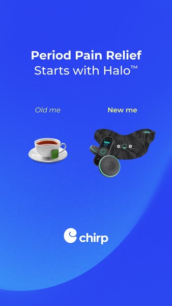 The ad contrasts traditional period pain relief methods with the Chirp Halo device, highlighting its innovative approach