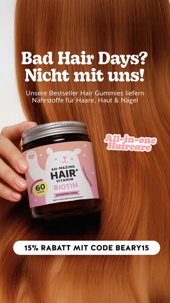 This image ad showcases a jar of hair vitamins and features a discount code.