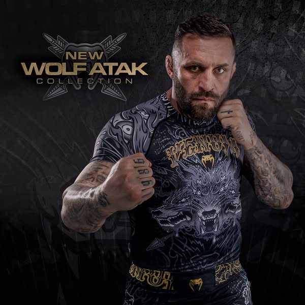 This ad promotes the new Wolf Atak collection from Venum, which includes a top and bottoms that are black and gray and i