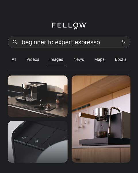 This ad showcases the Fellow brand espresso machine through a Google search interface, highlighting its modern design an