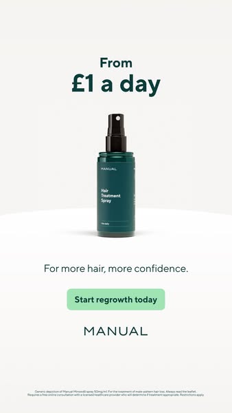 This image ad for Manual promotes a hair treatment spray that costs £1 a day and helps with hair regrowth and confidence