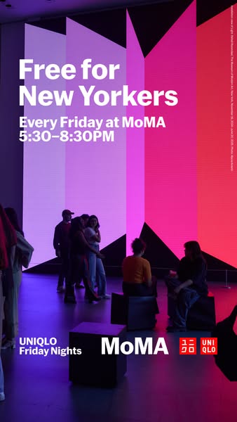 This image ad is for Uniqlo Friday Nights at MoMA. The ad shows a diverse group of people enjoying the event, with a col