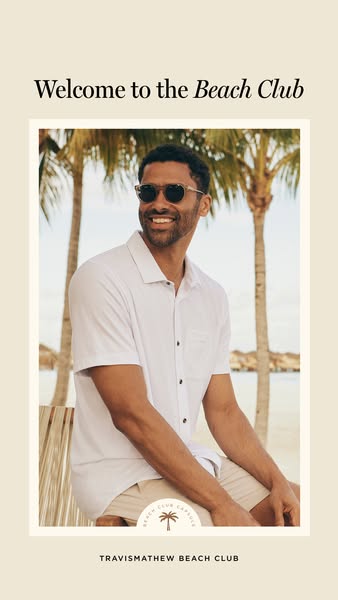 An image ad for TravisMathew's Beach Club collection featuring a man wearing a white collared shirt and tan shorts.