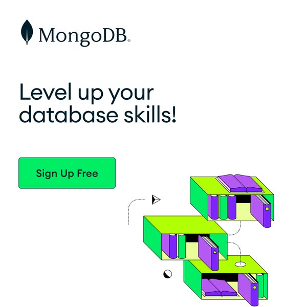 This ad promotes MongoDB's database skills training. The ad uses a visual metaphor of books on shelves to represent 