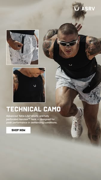 This ad features a male athlete wearing shorts and a tank top from ASRV, highlighting their technical camo collection. T