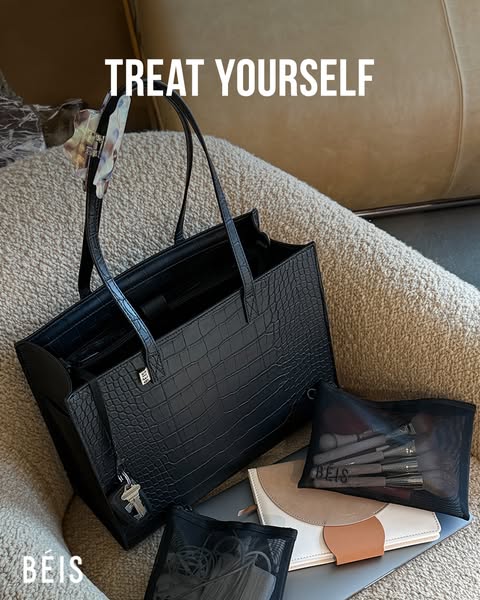 This ad showcases a black tote bag from BÉIS, emphasizing its stylish design and functionality for personal use.