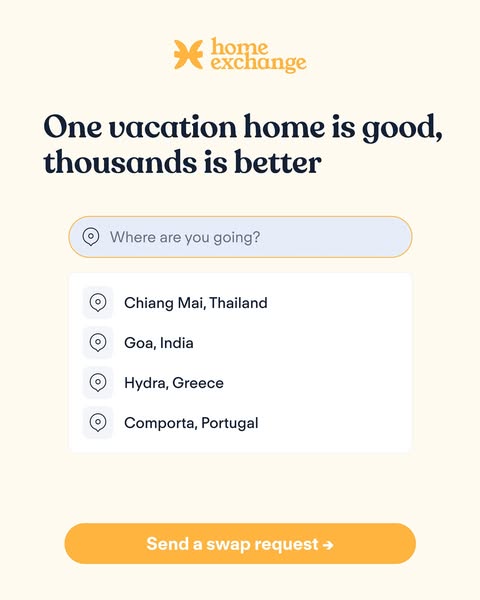 This ad promotes Home Exchange, a platform with thousands of vacation homes. The ad features a search bar and popular tr