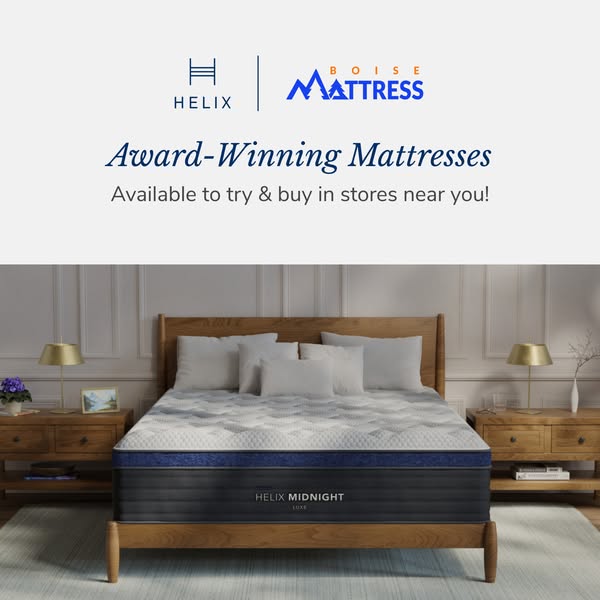 An advertisement for Helix mattresses. The ad features a neatly made bed with an award-winning Helix mattress. The ad in
