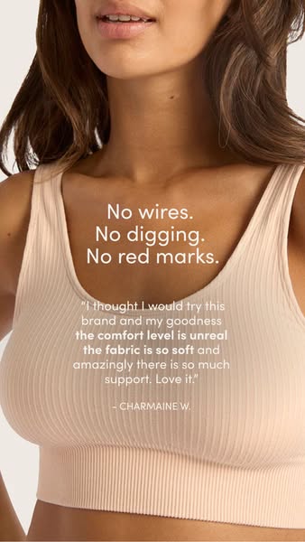 This image ad showcases a woman wearing a comfortable bra, highlighting its key features such as being wireless, non-dig