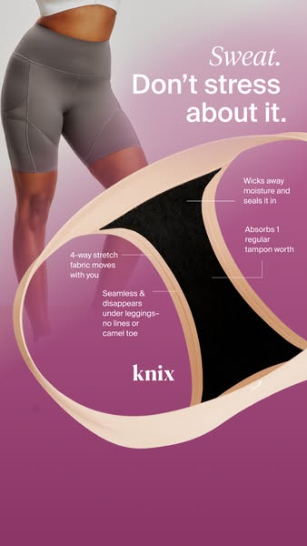 This ad for Knix activewear features a woman wearing gray biker shorts and highlights the product's features, such a