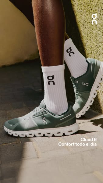 This ad showcases the Cloud 6 running shoe by On, emphasizing its comfort for all-day wear. The visual focuses on the sh