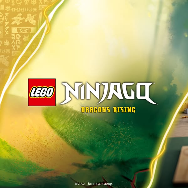 This ad introduces LEGO Ninjago Dragons Rising. It includes the brand and product logo with a light streak shining on a 