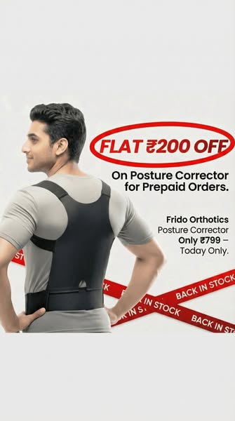 The image ad shows a man wearing the Frido Orthotics Posture Corrector. The ad highlights a flat discount on prepaid ord