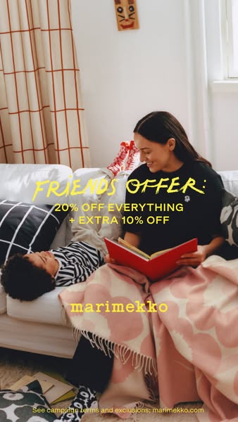 This ad promotes Marimekko products by highlighting a Friends Offer of 20% off everything plus an extra 10% off, featuri