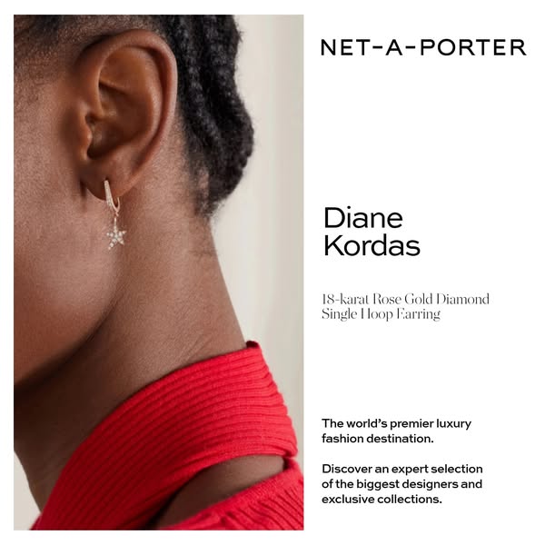 This ad showcases a single diamond hoop earring from Diane Kordas, available at NET-A-PORTER, highlighting its luxury an