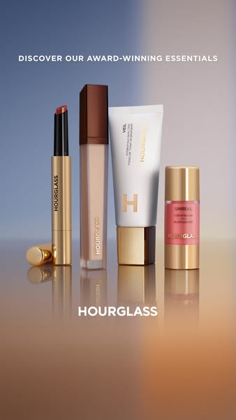 This image ad showcases Hourglass Cosmetics' award-winning essentials. The ad features a collection of Hourglass pro