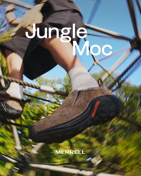 This ad showcases Merrell's Jungle Moc shoe in an outdoor setting, emphasizing its suitability for active use. It fe