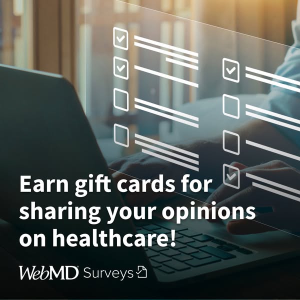 Ad for WebMD Surveys offering gift cards for sharing opinions on healthcare. The image features a laptop with a graphic 