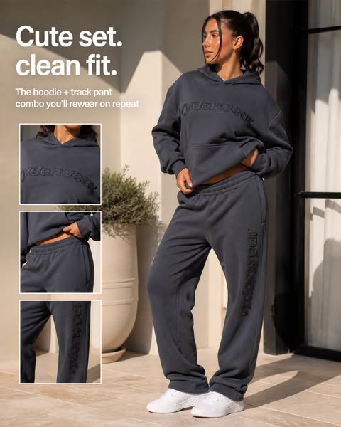 This ad showcases a matching hoodie and track pant set from Ryderwear. It highlights the comfort and style of the set, s