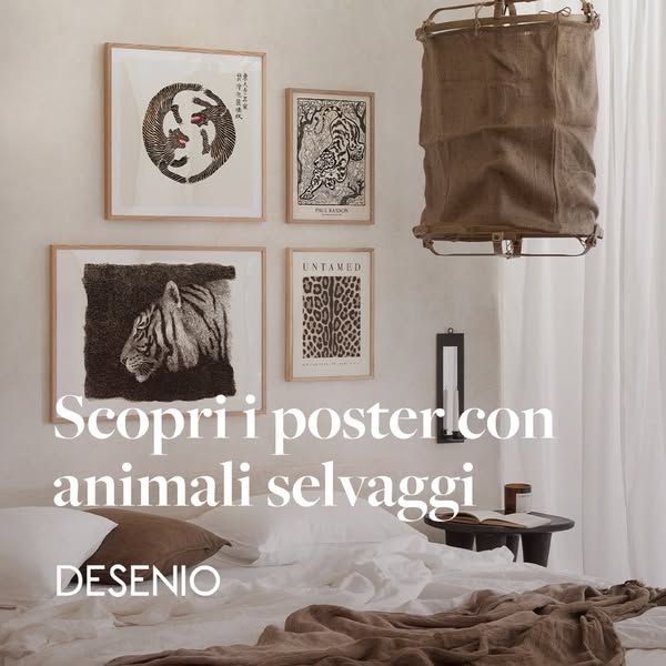 This ad features a bedroom scene with several framed Desenio animal print posters on the wall above the bed. The ad is p