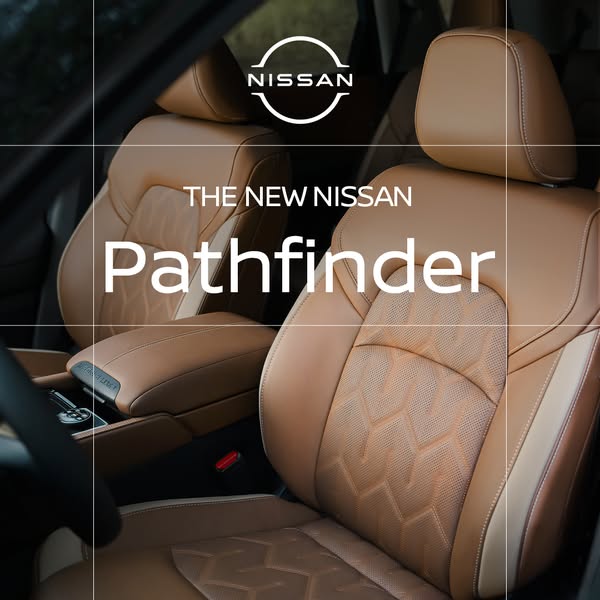 This ad features a close-up of the interior of the new Nissan Pathfinder, specifically highlighting the design and mater