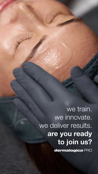 The ad features a close-up shot of a person's face during a skincare treatment. The text emphasizes training, innova