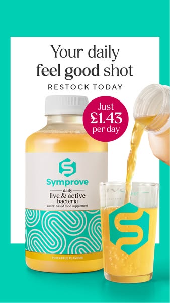 This image ad promotes Symprove, a daily 'feel good shot' featuring 'live & active bacteria' in a wa