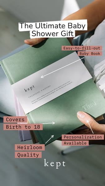 This ad showcases a customizable baby memory book as a thoughtful and high-quality baby shower gift. It highlights the b