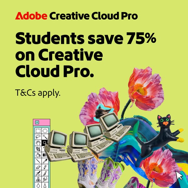 This is an advertisement for Adobe Creative Cloud Pro, targeted at students. It highlights a 75% discount for students a