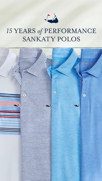 This image ad showcases multiple Vineyard Vines Sankaty Polo shirts, highlighting the product's 15-year history and