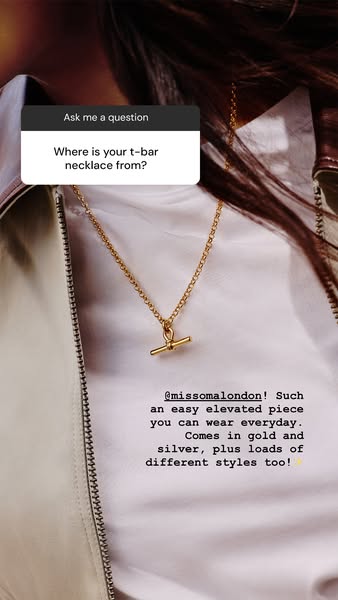 This is a native-style ad featuring a close up of a person wearing a gold T-bar necklace from Missoma London. The ad ans