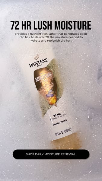 This ad promotes Pantene's Daily Moisture Renewal conditioner, highlighting its ability to provide 72-hour moisture.
