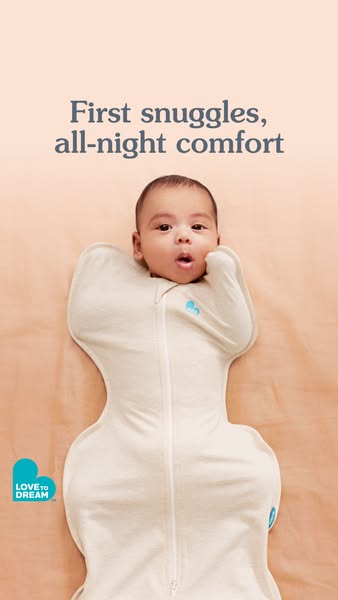 This ad features a baby swaddled in a Love to Dream sleep sack. The ad promotes the comfort and security the sleep sack 