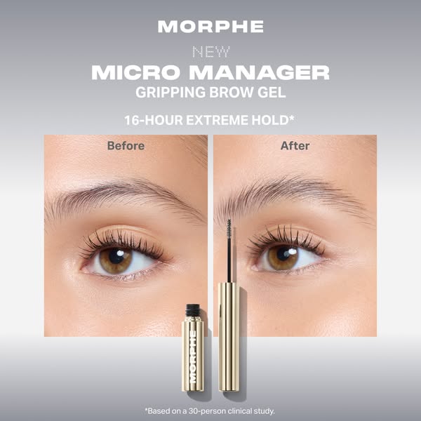 This image ad showcases Morphe's Micro Manager Gripping Brow Gel. Using a before and after comparison, the ad aims t