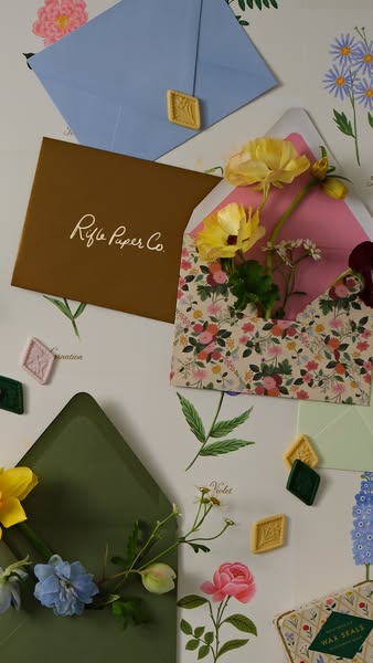 An image showcasing the Rifle Paper Co. brand of stationery. The image includes envelopes, floral embellishments, and wa