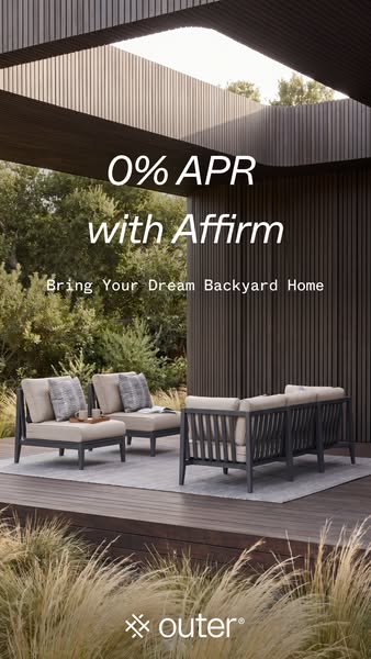 This ad features a modular outdoor sectional and seating set. The ad headline promotes 0% APR financing with Affirm and 