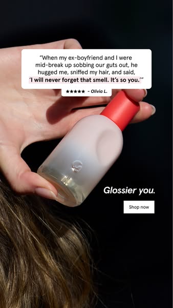 This ad features a customer testimonial about Glossier You perfume, highlighting its memorable and unique scent in an un