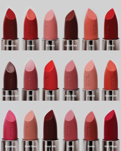 This image showcases a variety of lipsticks. The lipsticks are different shades and each one has a unique name that rela