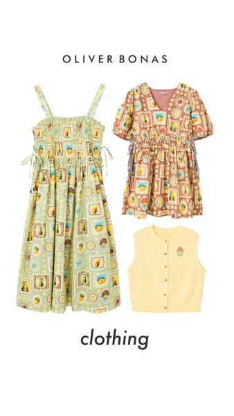 This is a static image ad showcasing three separate clothing items from Oliver Bonas. The items are a green dress, a bro