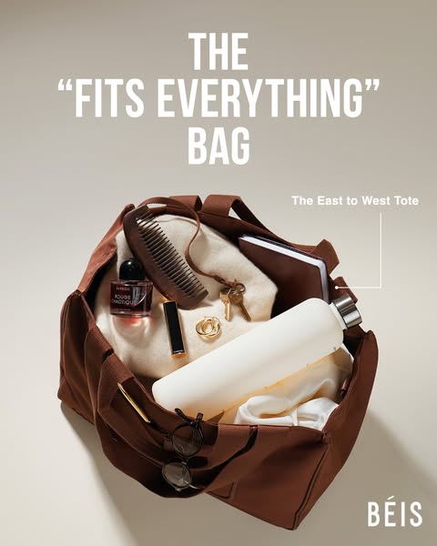 This ad promotes the BÉIS brand tote bag by showcasing its ability to hold everything you need.