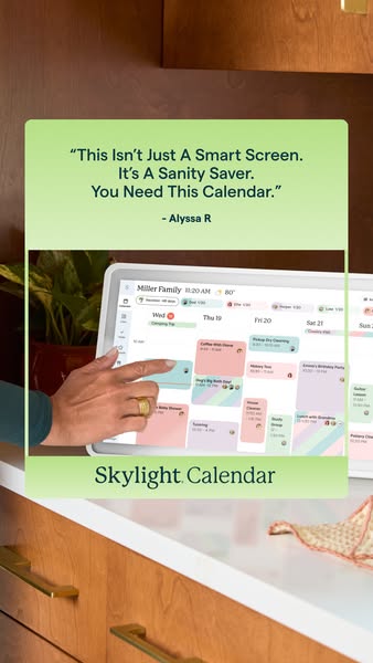 This ad for Skylight Calendar features a testimonial highlighting the product as a sanity saver. A hand is shown interac