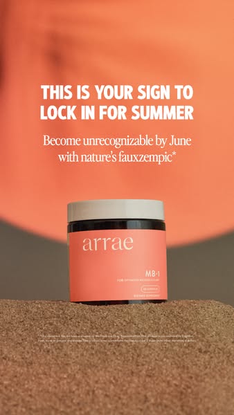 An ad for Arrae, a supplement brand. The ad shows a single jar of supplements on a sandy surface. Text above the product
