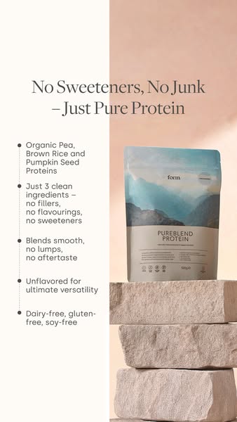This ad highlights the clean and simple nature of Form's Pureblend Protein powder, emphasizing its lack of sweetener
