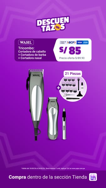 The ad promotes the Wahl Tricombo, a hair, beard, and nose trimmer set, highlighting a special offer and purchase option