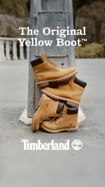 This ad showcases Timberland's Original Yellow Boot. The focal point is a stack of three Timberland boots, emphasizi