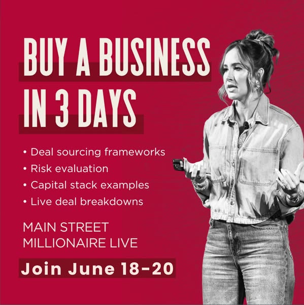 This image ad promotes a 'Main Street Millionaire Live' event, teaching attendees how to buy a business in three