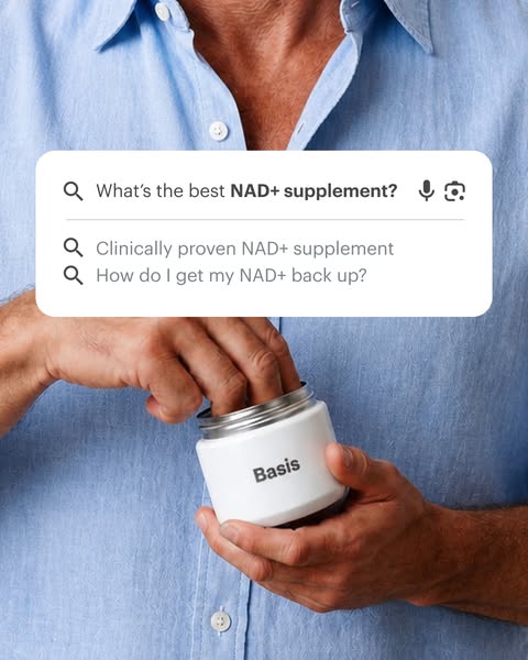 This ad shows a search box overlayed on an image of a person reaching into a Basis supplement jar, demonstrating solutio